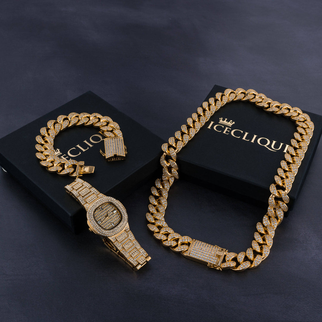 Premium 20mm Cuban Chain, Cuban Bracelet & Watch Bundle - ICECLIQUE JEWELRY