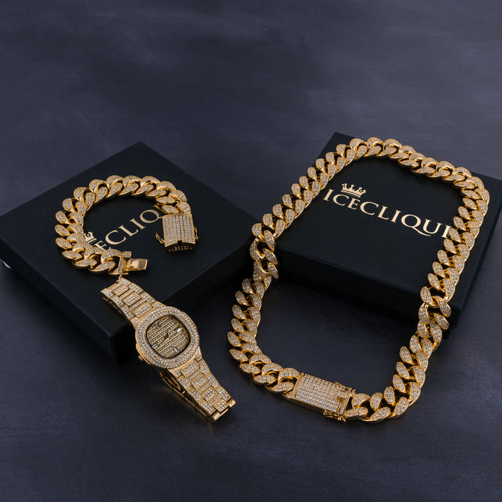 Premium 20mm Cuban Chain, Cuban Bracelet & Watch Bundle - ICECLIQUE JEWELRY
