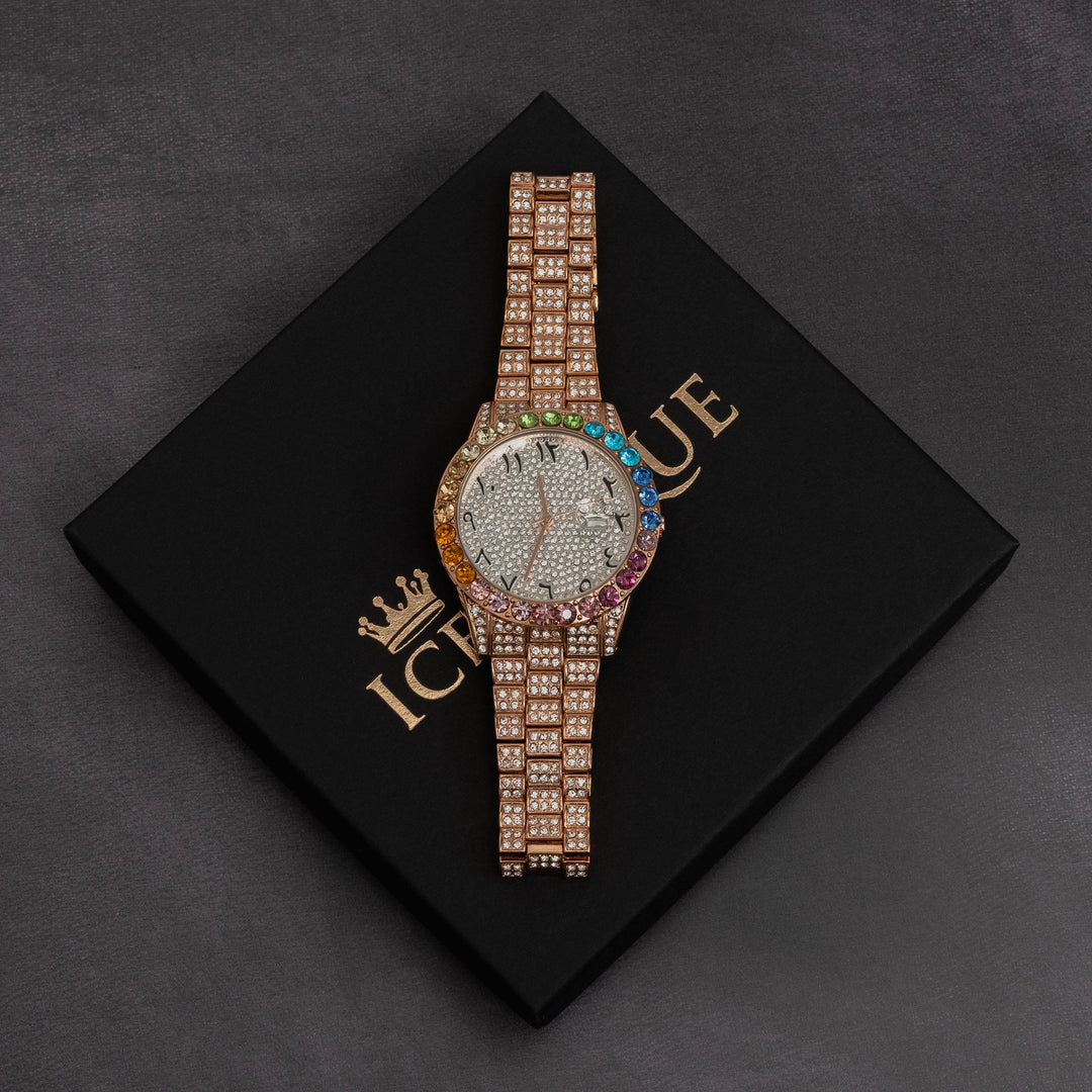 Iced Out Rainbow Dial Watch w/ Arabic Numerals - ICECLIQUE JEWELRY