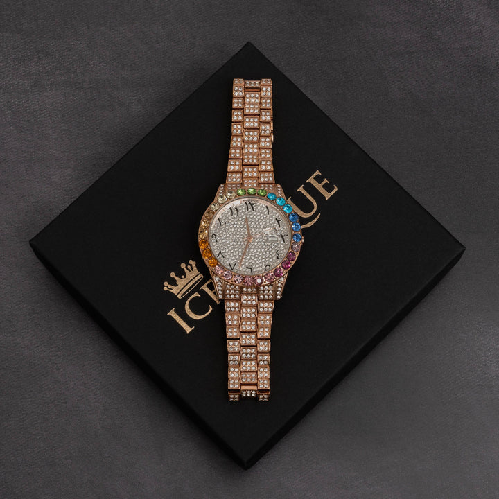 Iced Out Rainbow Dial Watch w/ Arabic Numerals - ICECLIQUE JEWELRY