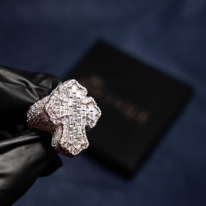 Baguette Cross Ring - Moissanite & S925 - ICECLIQUE JEWELRY