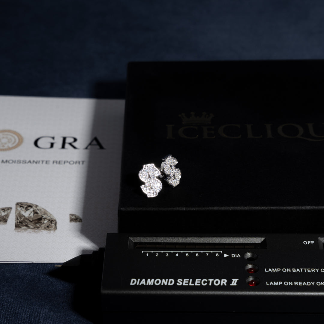 Dollar Sign Earrings - Moissanite & S925 - ICECLIQUE JEWELRY