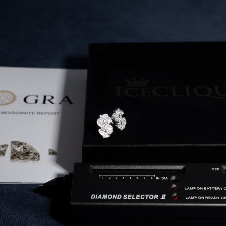 Dollar Sign Earrings - Moissanite & S925 - ICECLIQUE JEWELRY