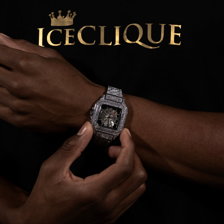 Micro Pave Square Dial Skeleton Watch