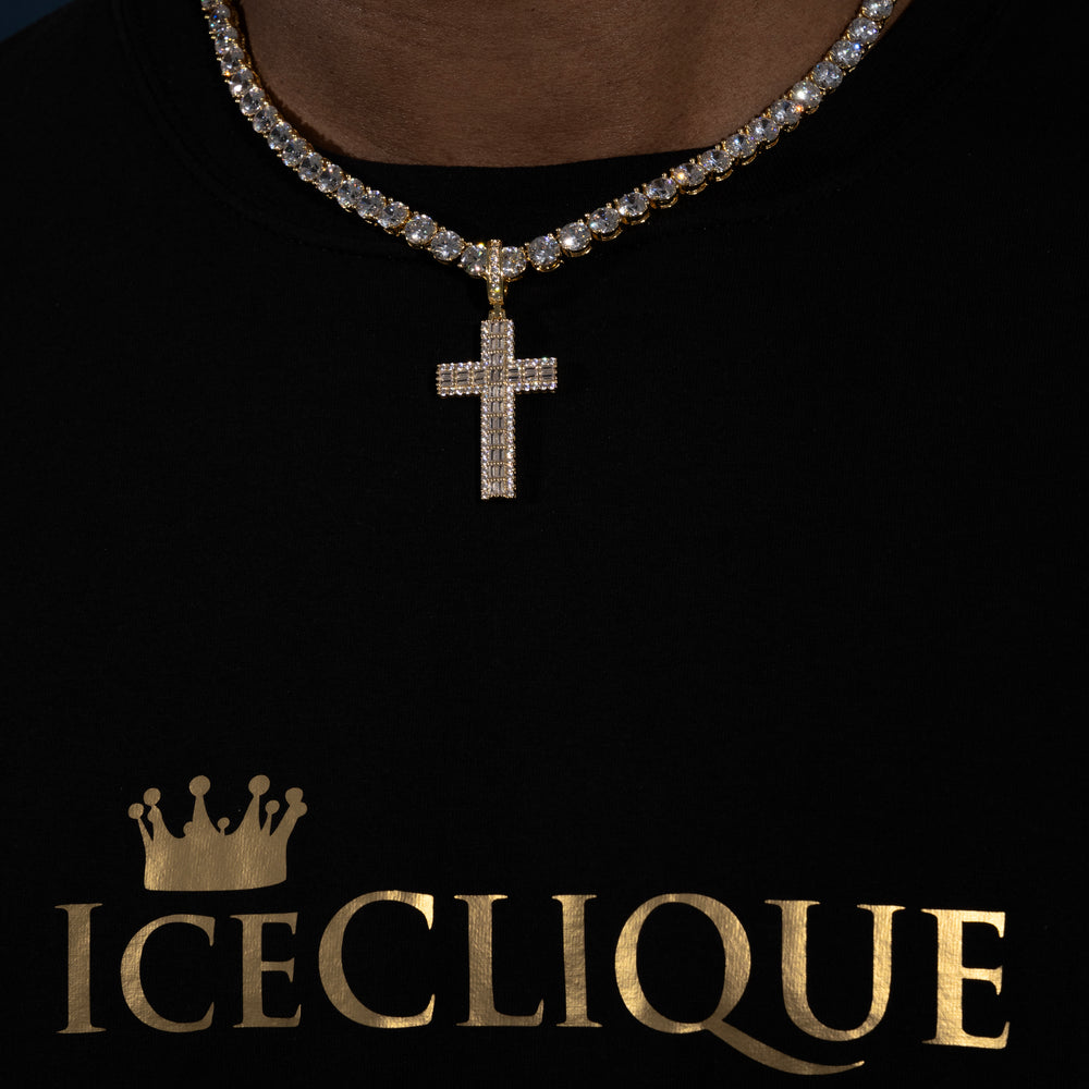 Baguette Cross Pendant - Moissanite & S925 - ICECLIQUE JEWELRY 