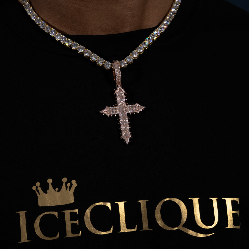 Spiked Baguette Cross Pendant - Moissanite & S925 - ICECLIQUE JEWELRY 