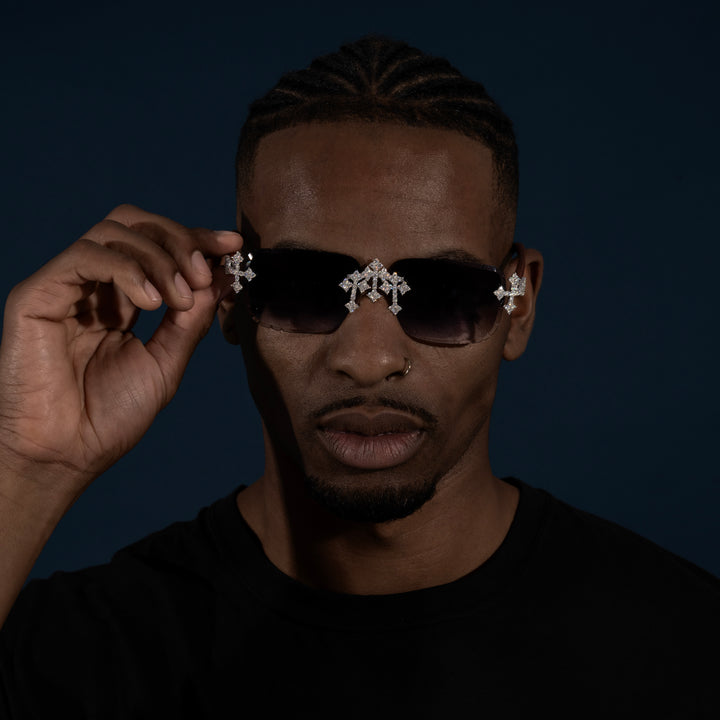 Gray Lens Rimless Cross Glasses - Moissanite & S925