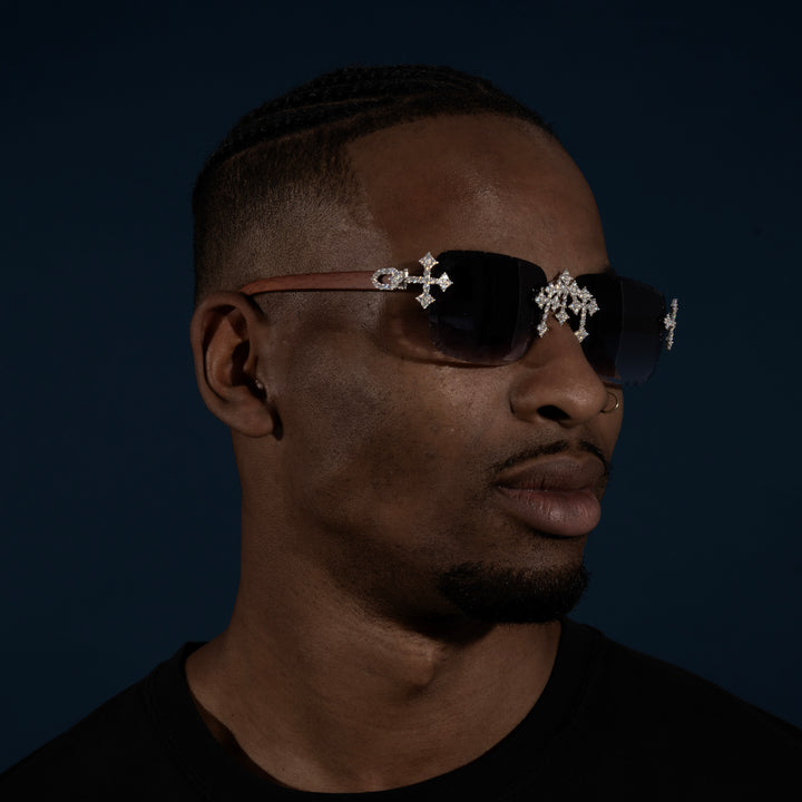 Gray Lens Rimless Cross Glasses - Moissanite & S925