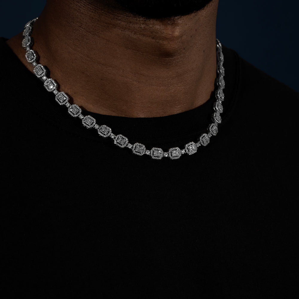 8MM Halo-Cluster Baguette Tennis Chain - Moissanite & S925 - ICECLIQUE JEWELRY 