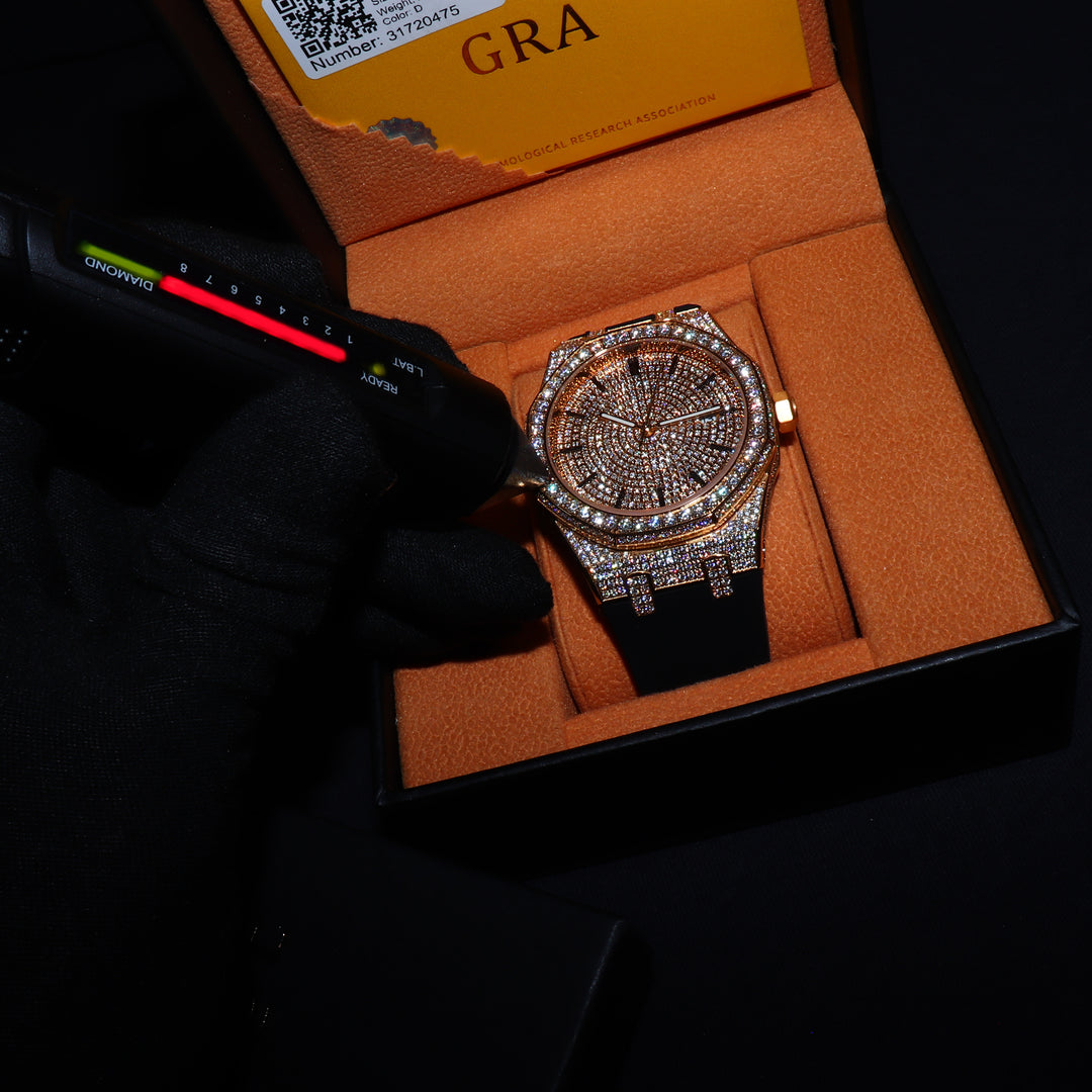 VVS1 Luxor Watch w/ Black Strap - Moissanite - Gold