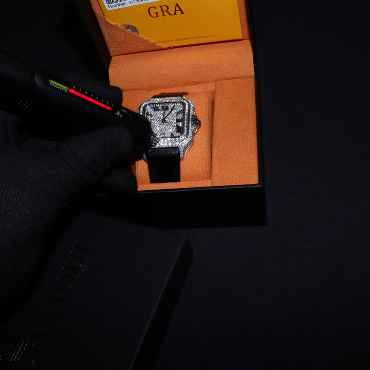 VVS1 Valore Watch w/ Black Leather Strap - Moissanite - White Gold