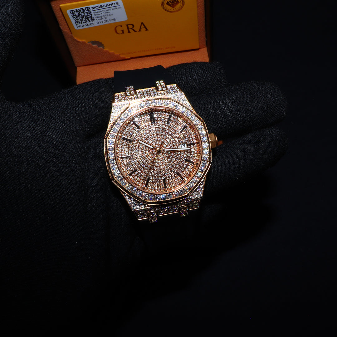 VVS1 Luxor Watch w/ Black Leather Strap - Moissanite - Gold