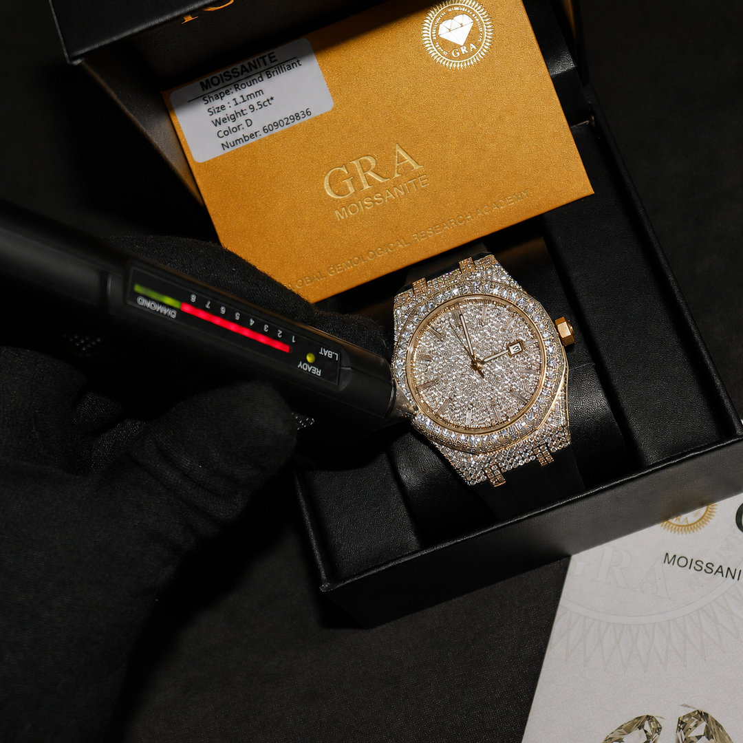 VVS1 Luxor Watch w/ Black Strap - Moissanite - Gold