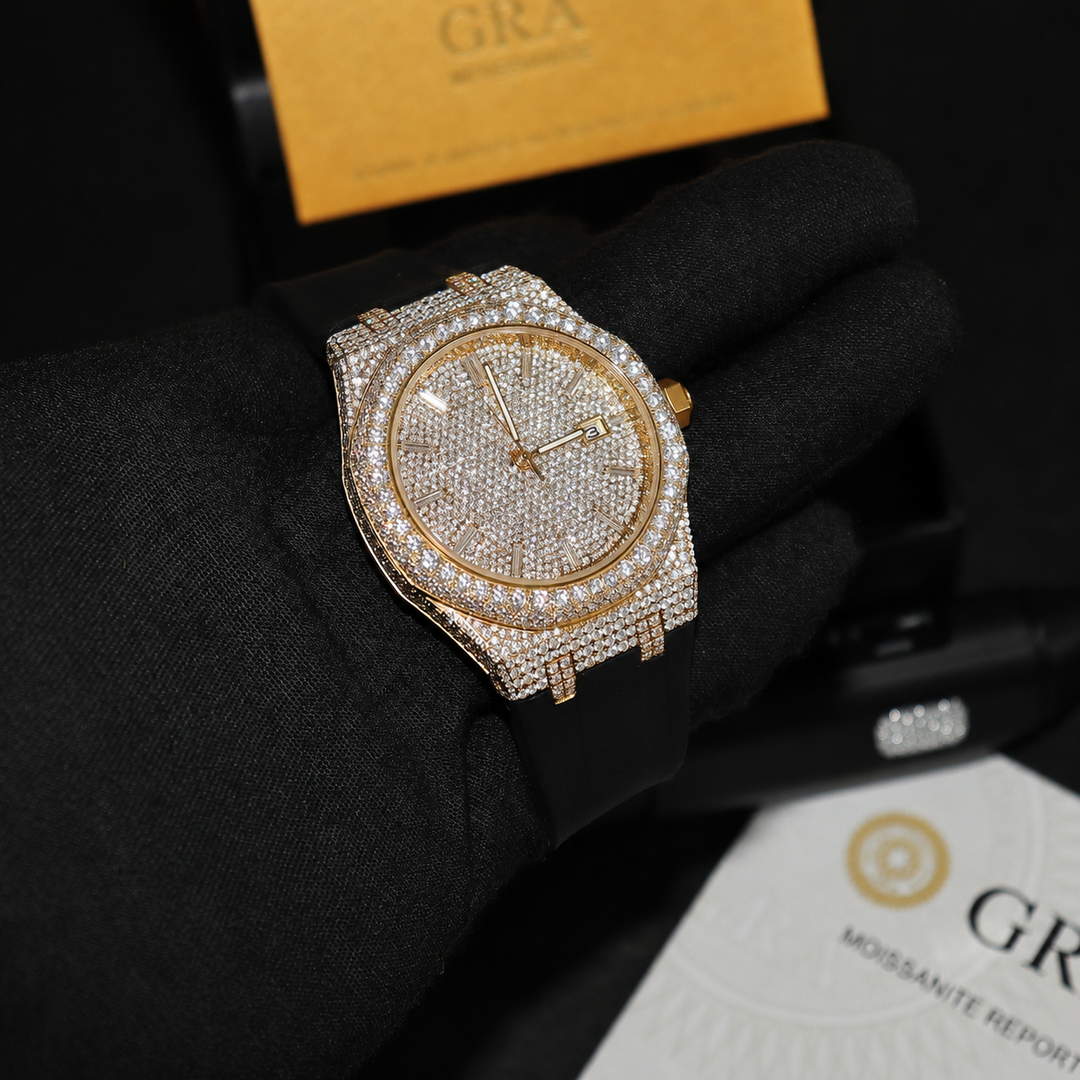 VVS1 Luxor Watch w/ Black Strap - Moissanite - Gold