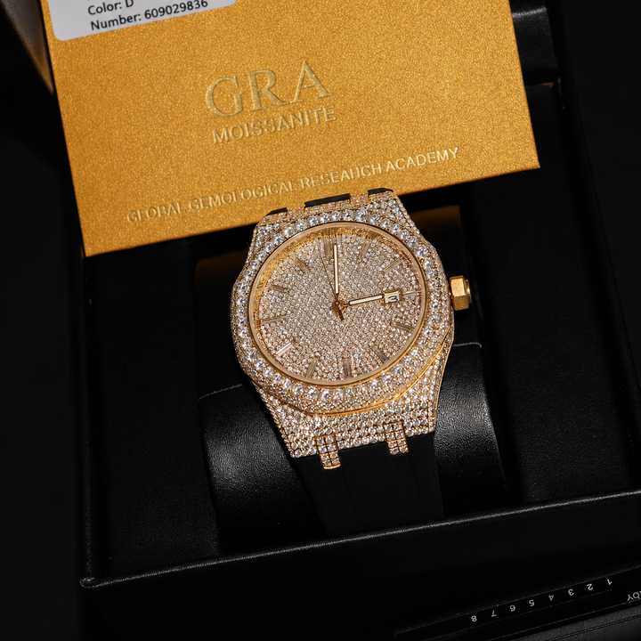 VVS1 Luxor Watch w/ Black Strap - Moissanite - Gold