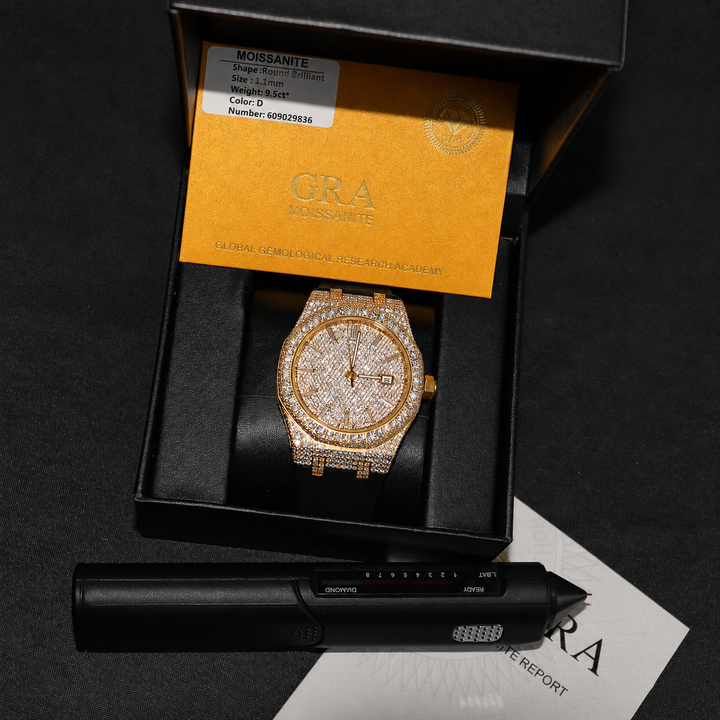 VVS1 Luxor Watch w/ Black Strap - Moissanite - Gold