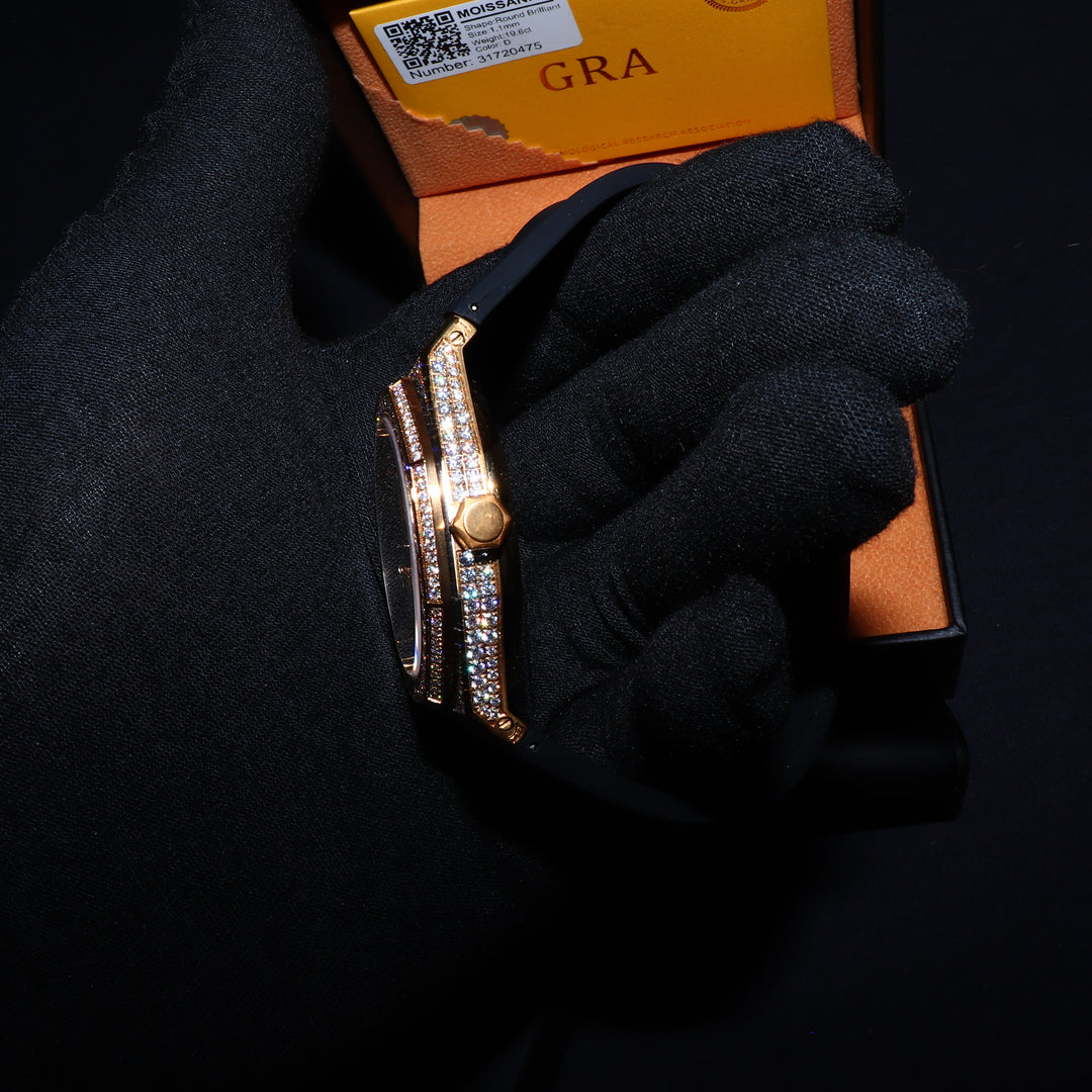 VVS1 Luxor Watch w/ Black Leather Strap - Moissanite - Gold