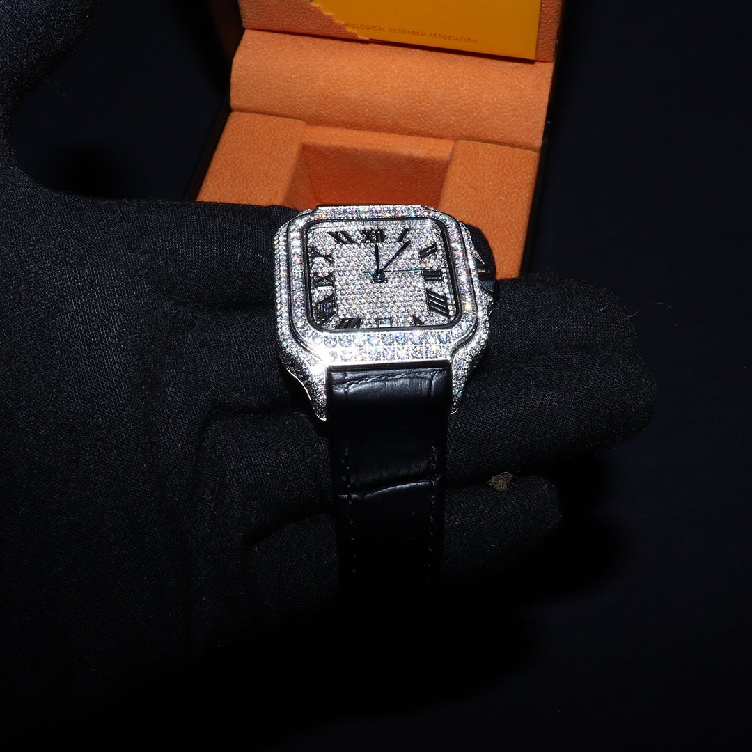 VVS1 Valore Watch w/ Black Leather Strap - Moissanite - White Gold