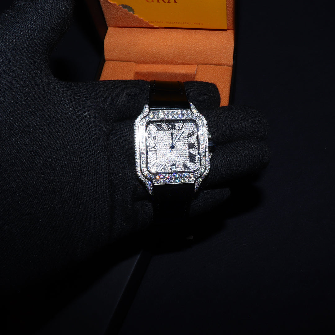 VVS1 Valore Watch w/ Black Leather Strap - Moissanite - White Gold