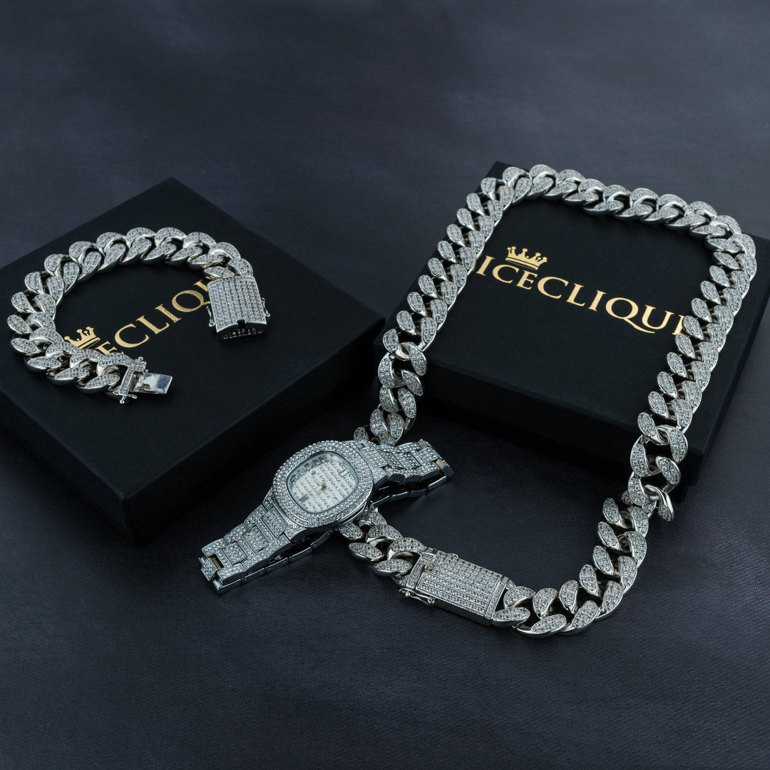 Premium 20mm Cuban Chain, Cuban Bracelet & Watch Bundle