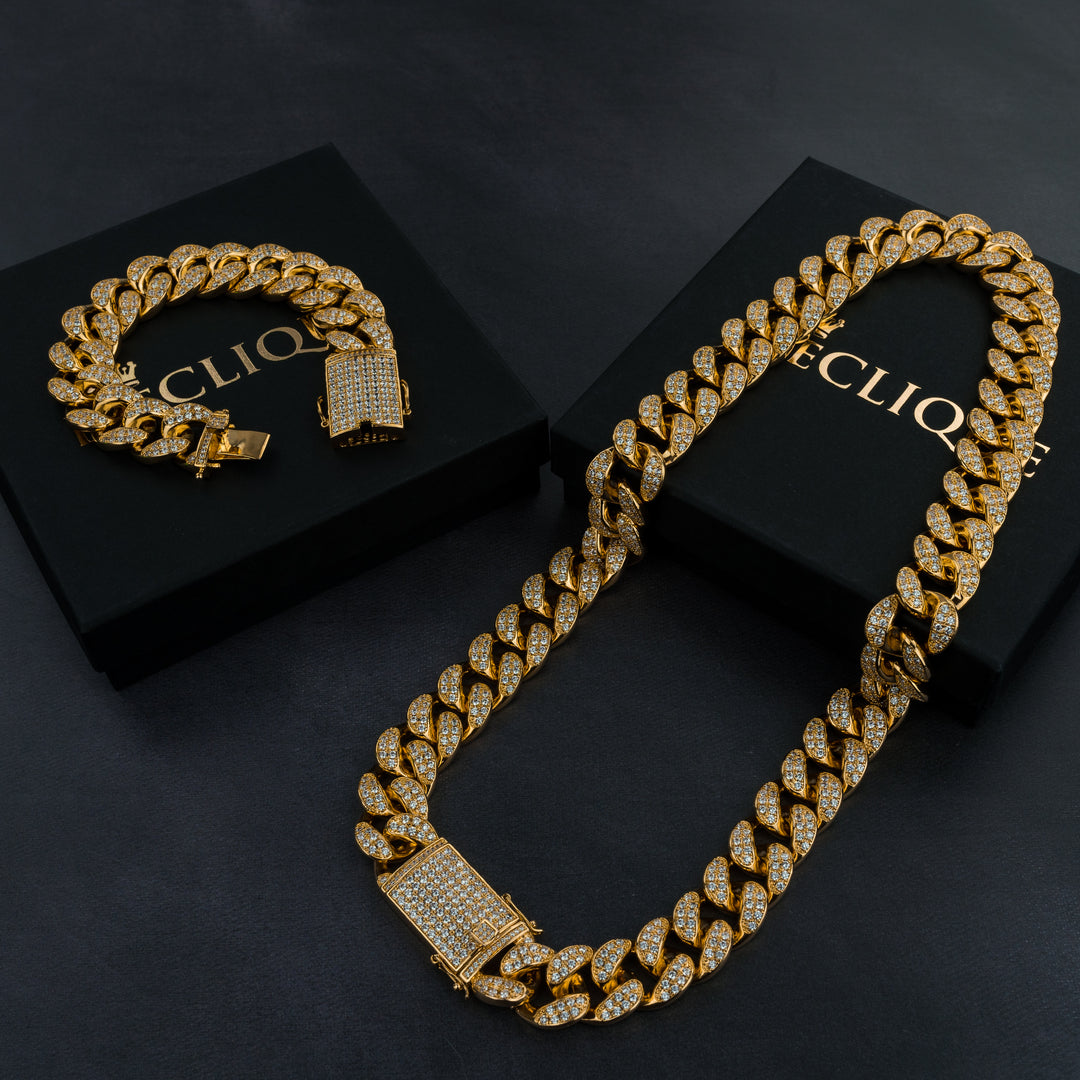 20mm Cuban Chain & Cuban Bracelet Bundle - Gold/White Gold - ICECLIQUE JEWELRY 