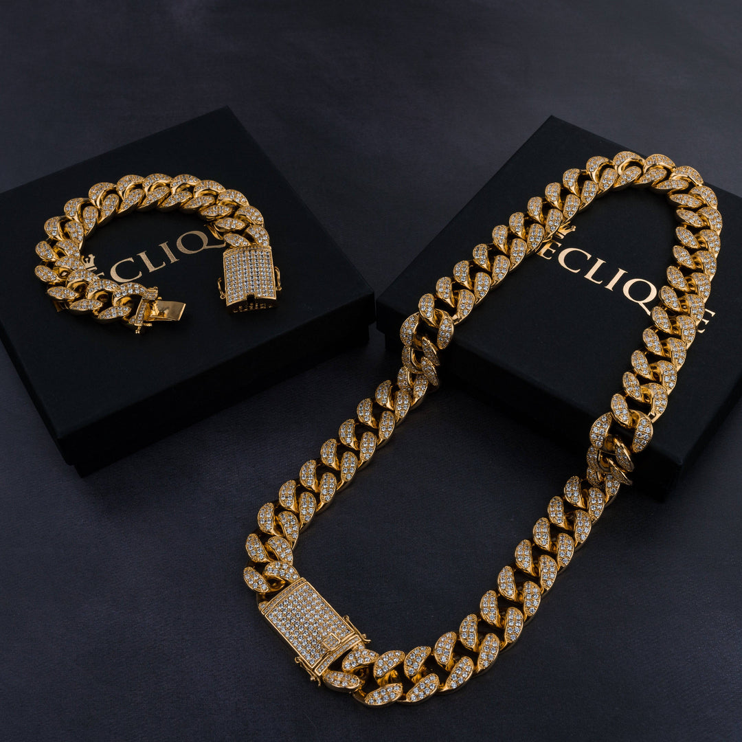 20mm Cuban Chain & Cuban Bracelet Bundle - Gold/White Gold