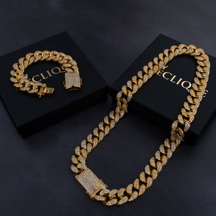 20mm Cuban Chain & Cuban Bracelet Bundle - Gold/White Gold
