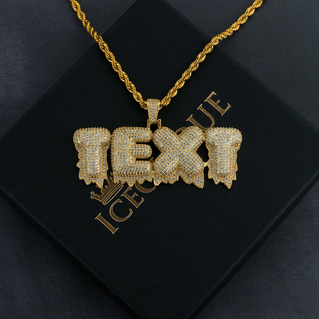 Ice Drip Custom Bubble Letter Pendant w/ Tennis or Rope Chain