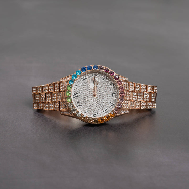 Iced Out Rainbow Dial Watch w/ Arabic Numerals