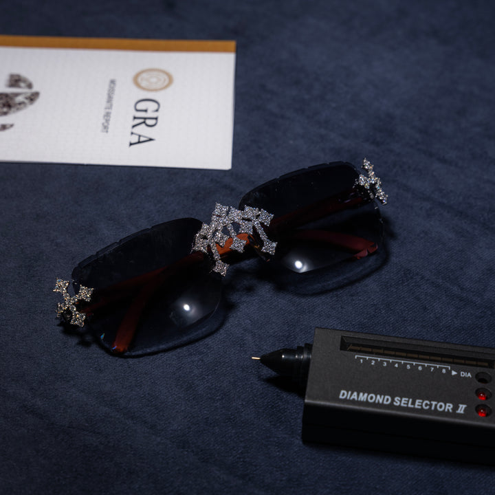 Gray Lens Rimless Cross Glasses - Moissanite & S925