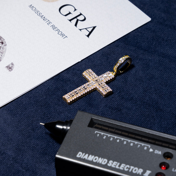 Baguette Cross Pendant - Moissanite & S925