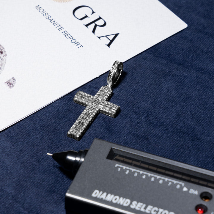 Baguette Cross Pendant - Moissanite & S925