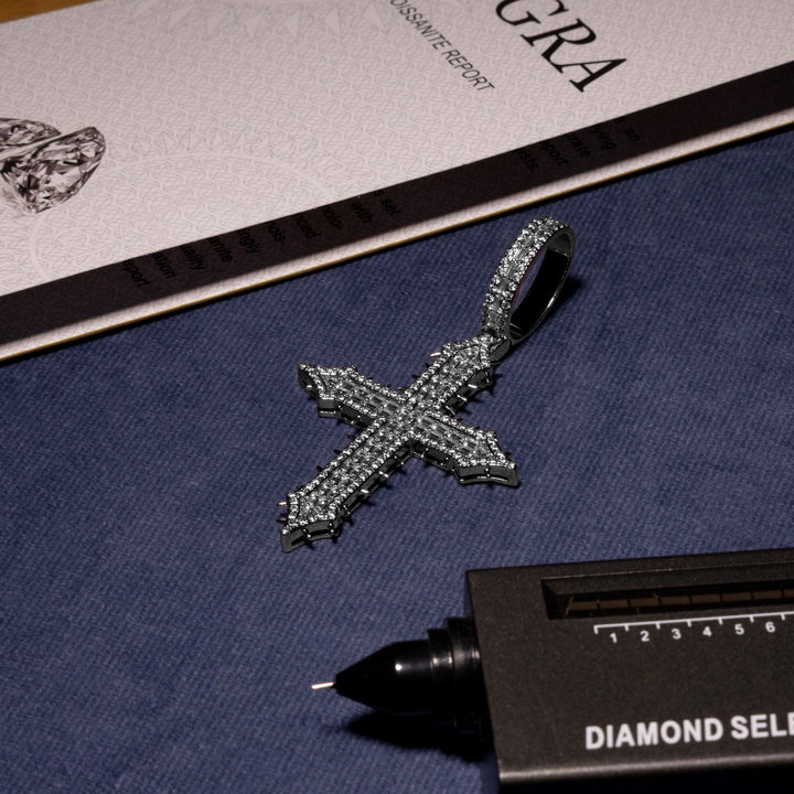 Spiked Baguette Cross Pendant - Moissanite & S925