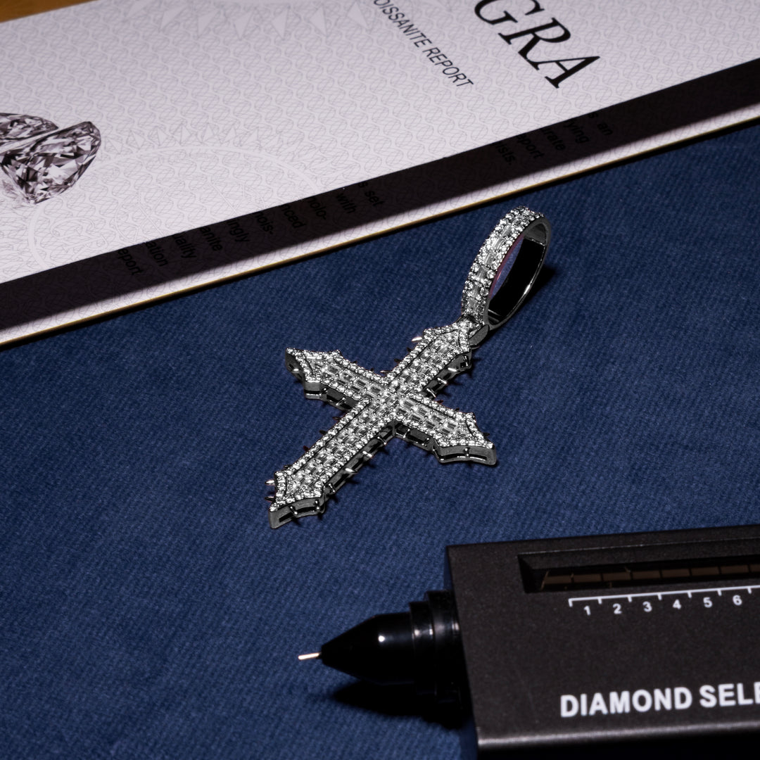 Spiked Baguette Cross Pendant - Moissanite & S925