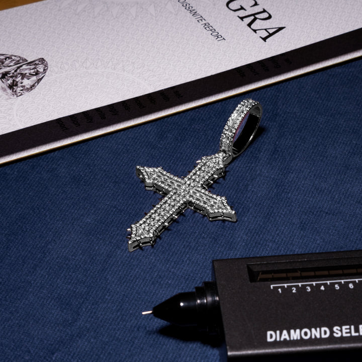Spiked Baguette Cross Pendant - Moissanite & S925
