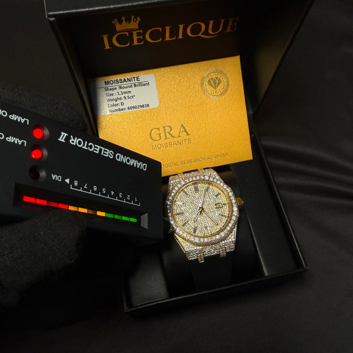 VVS1 Luxor Watch with black rubber strap, gold case, and moissanite accents by ICECLIQUE JEWELRY.