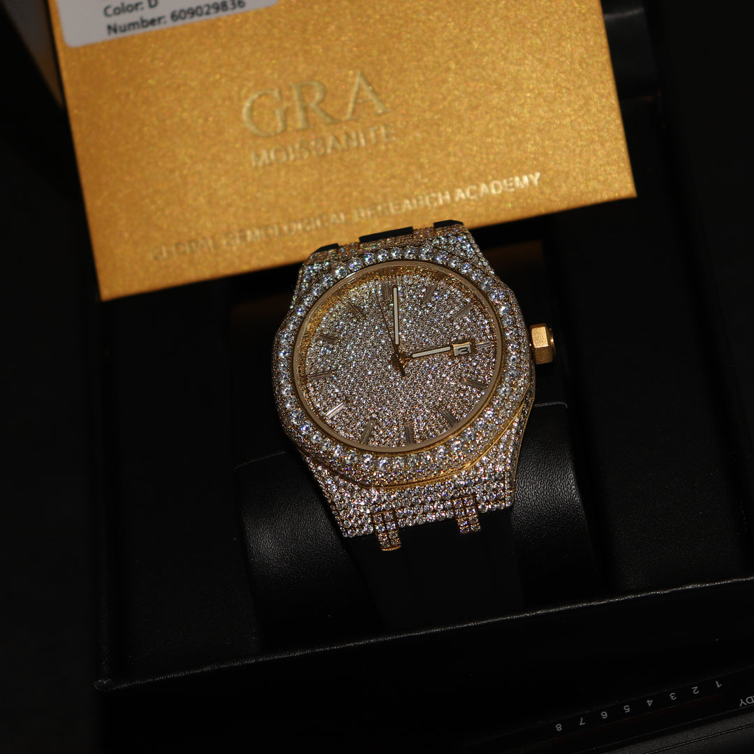 VVS1 Luxor Watch w/ Black Strap - Moissanite - Gold - ICECLIQUE JEWELRY 