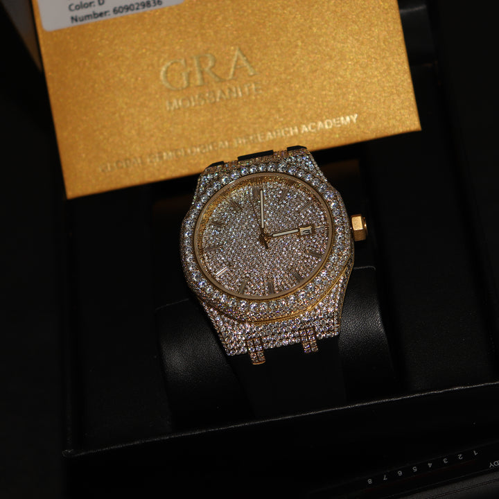 VVS1 Luxor Watch w/ Black Strap - Moissanite - Gold - ICECLIQUE JEWELRY 
