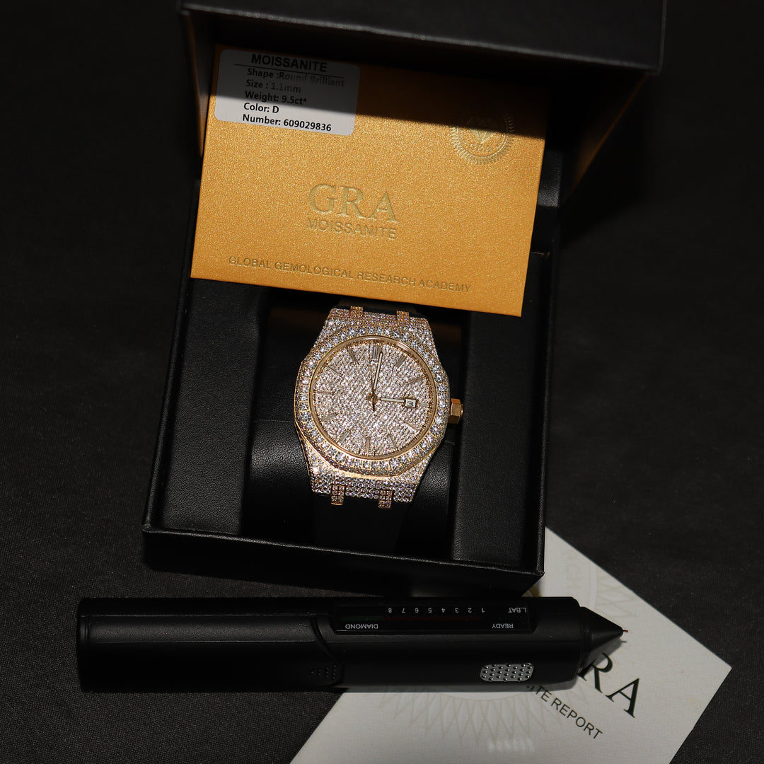 VVS1 Luxor Watch w/ Black Strap - Moissanite - Gold - ICECLIQUE JEWELRY 