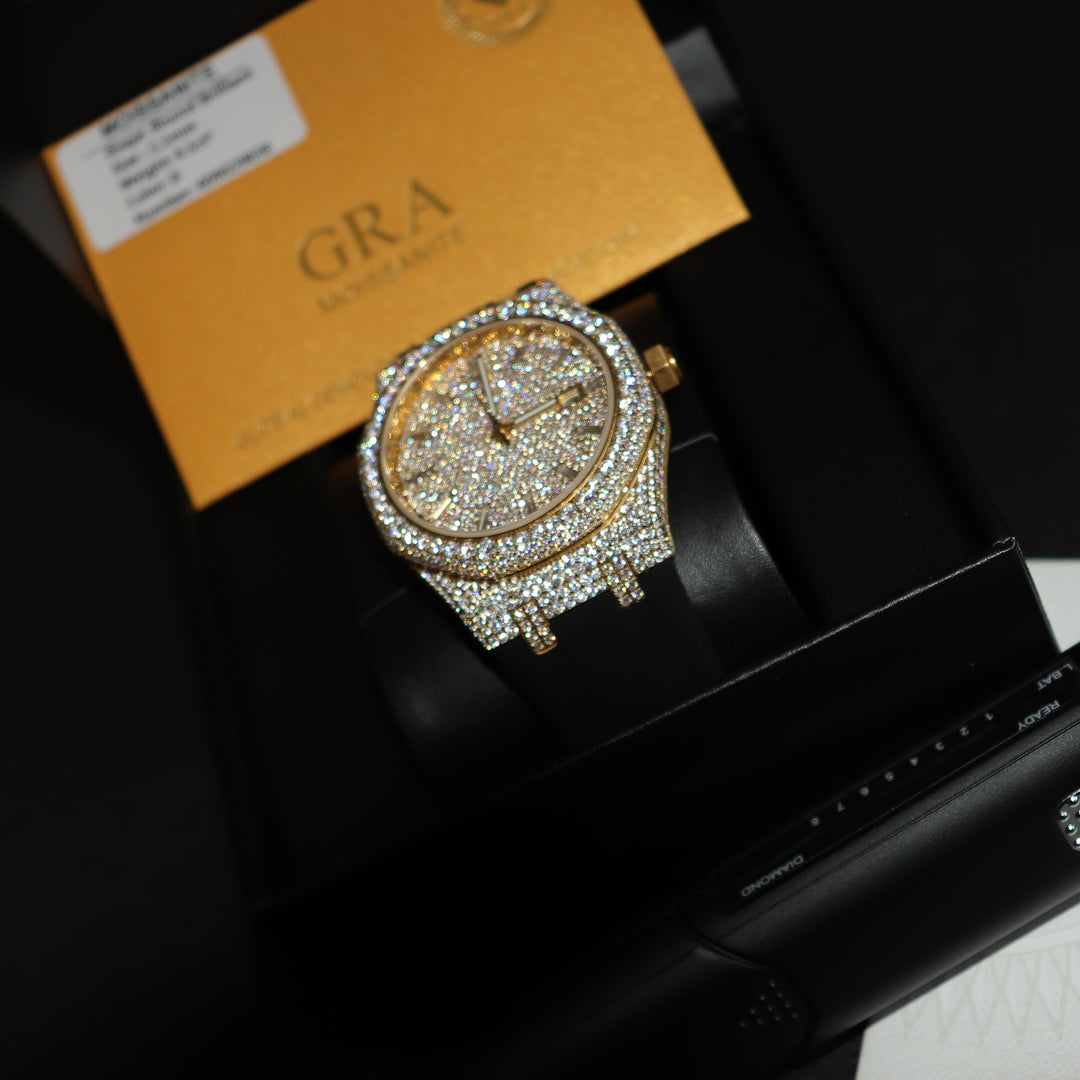 VVS1 Luxor Watch w/ Black Strap - Moissanite - Gold - ICECLIQUE JEWELRY 