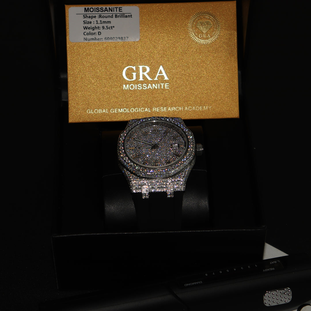 VVS1 Luxor Watch w/ Black Strap - Moissanite - White Gold