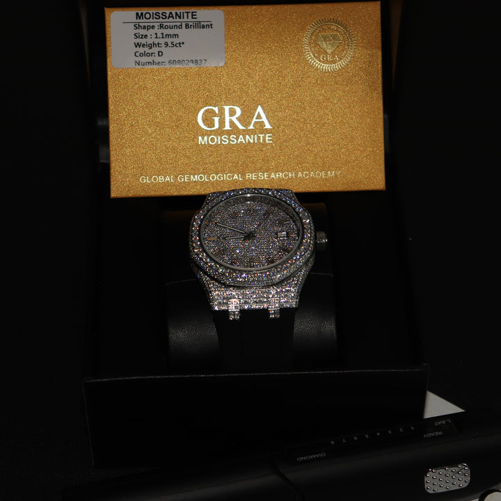 VVS1 Luxor Watch w/ Black Strap - Moissanite - White Gold