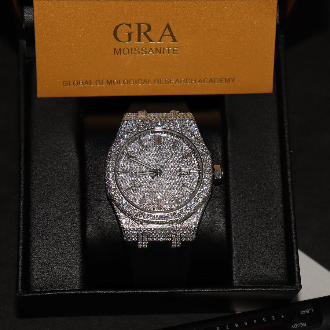 VVS1 Luxor Watch w/ Black Strap - Moissanite - White Gold