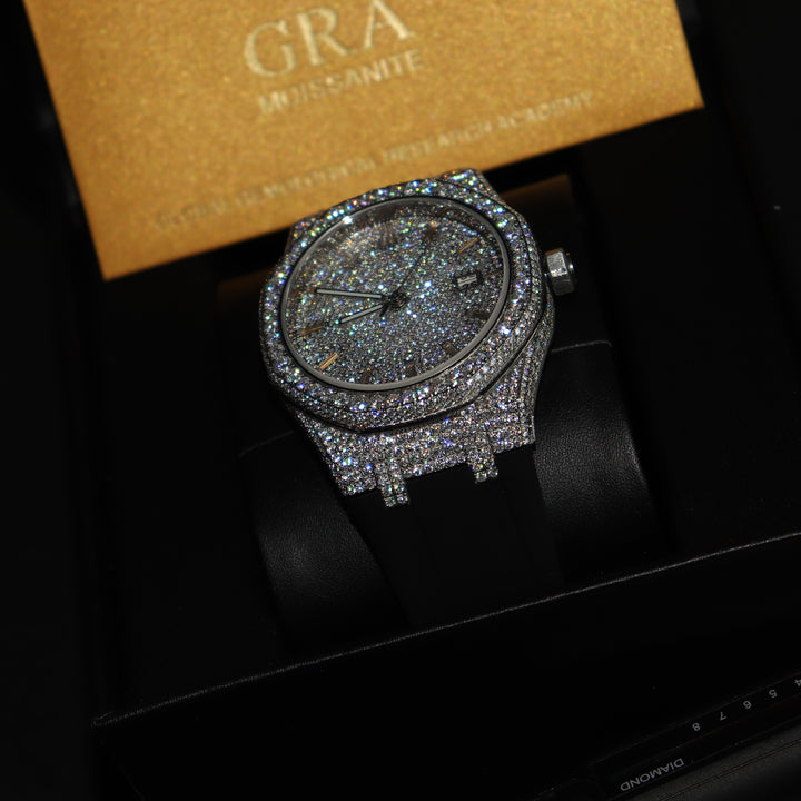 VVS1 Luxor Watch w/ Black Strap - Moissanite - White Gold