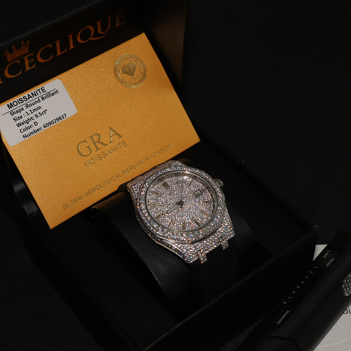 VVS1 Luxor Watch w/ Black Strap - Moissanite - White Gold