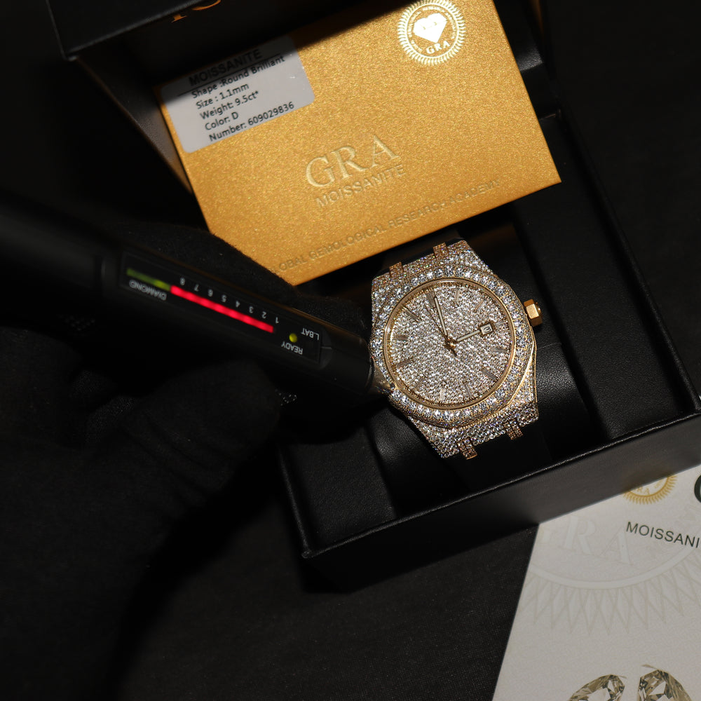 VVS1 Luxor Watch w/ Black Strap - Moissanite - Gold - ICECLIQUE JEWELRY 