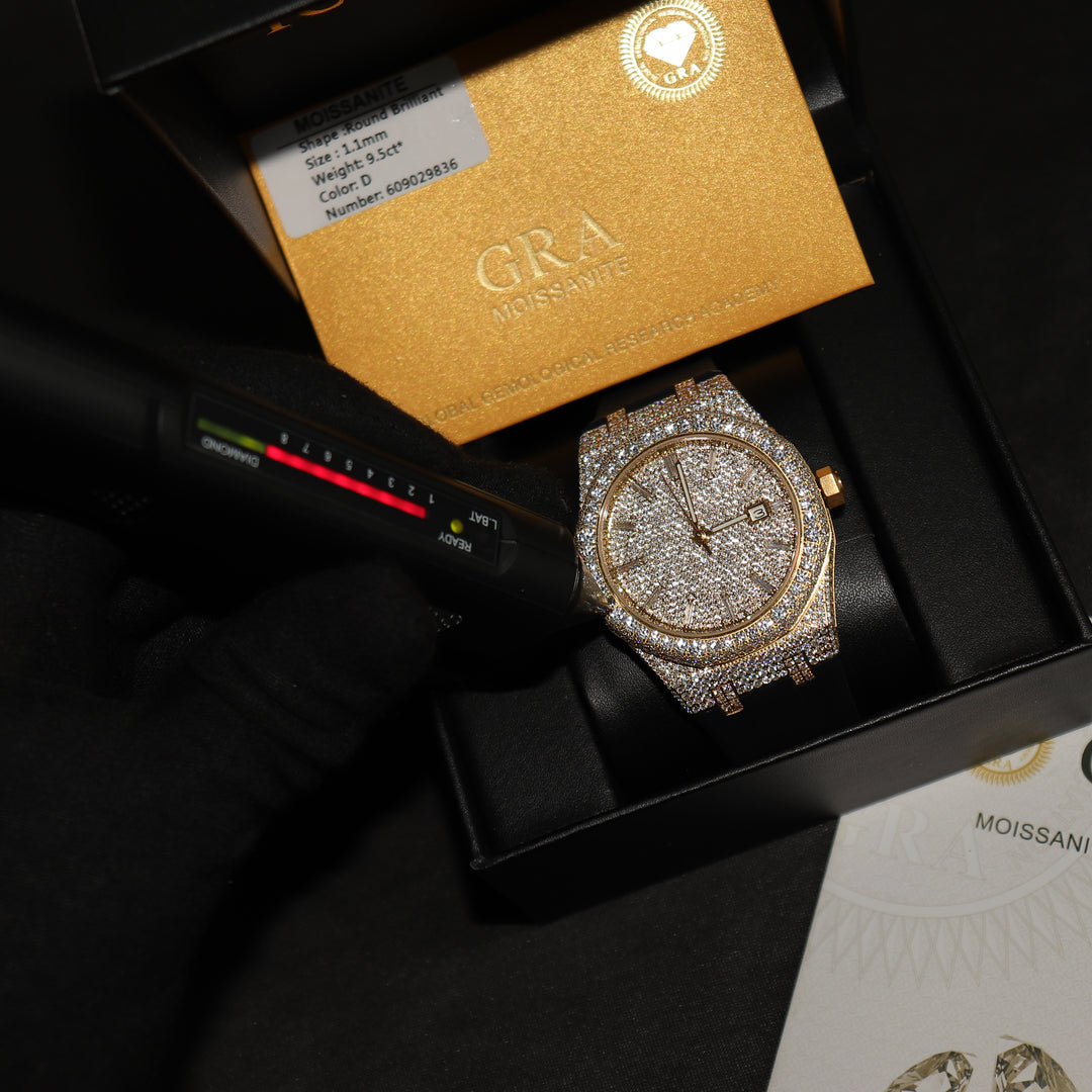 VVS1 Luxor Watch w/ Black Strap - Moissanite - Gold - ICECLIQUE JEWELRY 