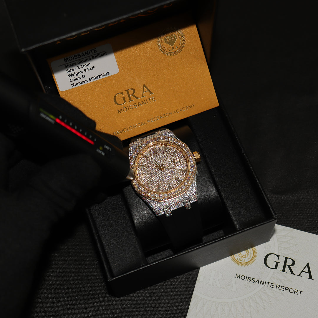 VVS1 Luxor Watch w/ Black Strap - Moissanite - Two Tone - ICECLIQUE JEWELRY 