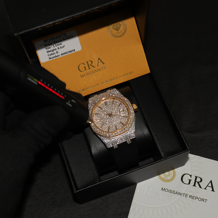 VVS1 Luxor Watch w/ Black Strap - Moissanite - Two Tone - ICECLIQUE JEWELRY 