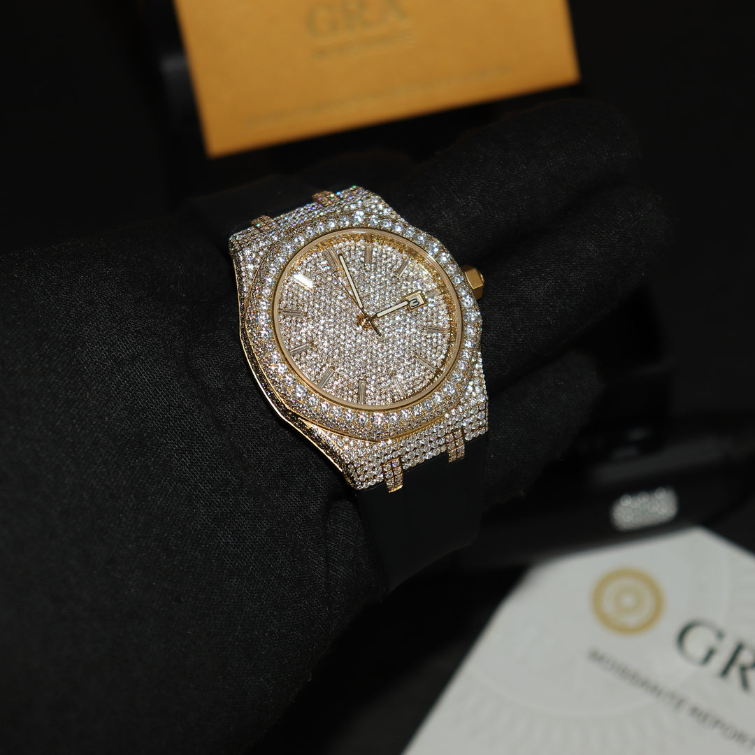 VVS1 Luxor Watch w/ Black Strap - Moissanite - Gold - ICECLIQUE JEWELRY 